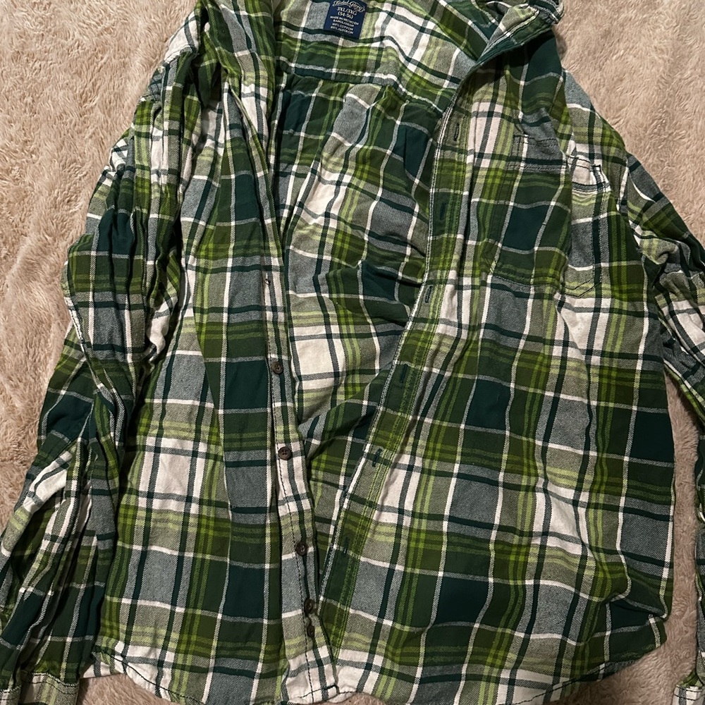Green and White Plaid Button-Up Shirt